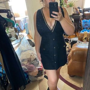 Never worn tweed black mini dress with gold and black buttons